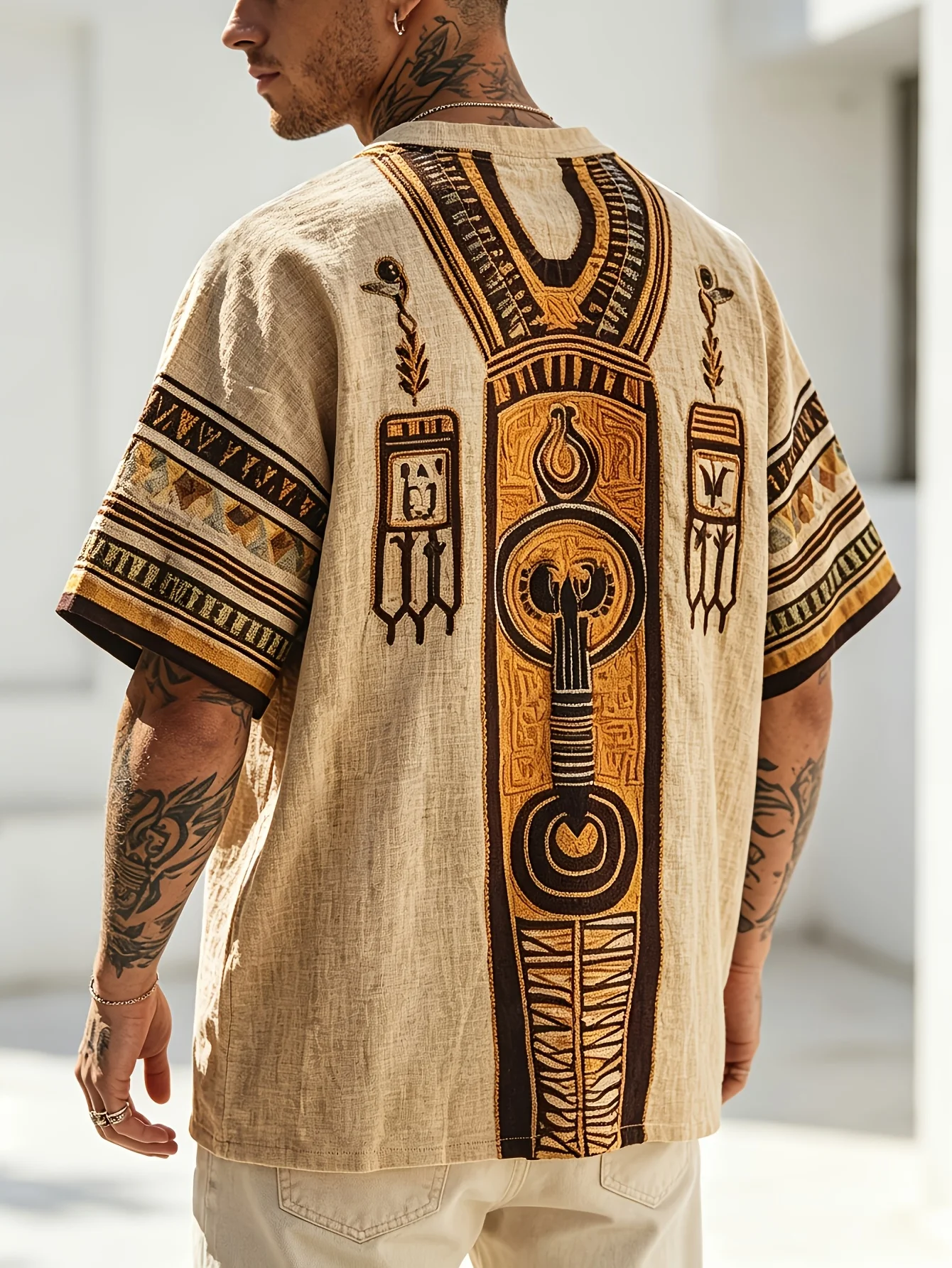 Men's Ancient Egyptian Totem Full Print T-Shirt Pharaoh Ethnic Retro Linen Texture Crew Neck Top