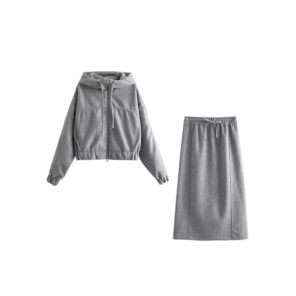 Sporty Casual Textured Sets Womens 2 Piece Short Hoodie And Back Slit Midi Skirt New In Matching Sets Spring Autumn Women Outfit