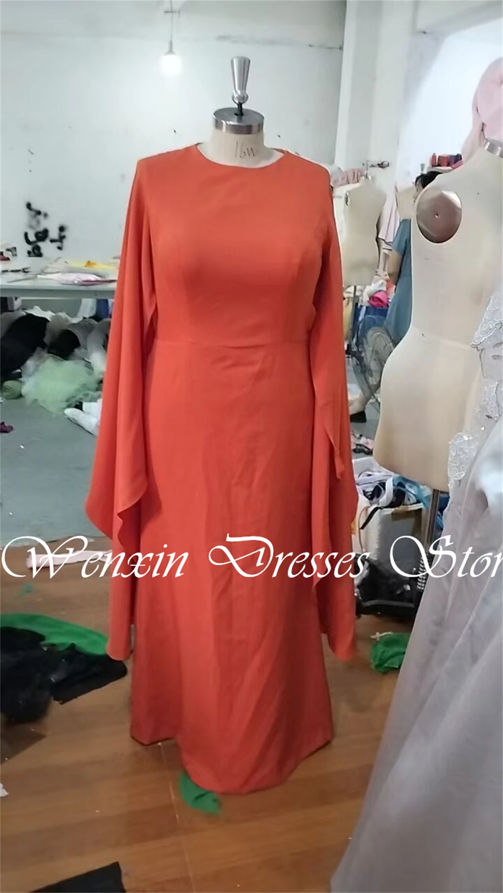 Robe de Soirée de Forme Sirène en Jersey Orange Personnalisée, Tenue Formelle et Classique à Col Ras du Cou et Manches Évasées, Zones d\'Été, Quelle