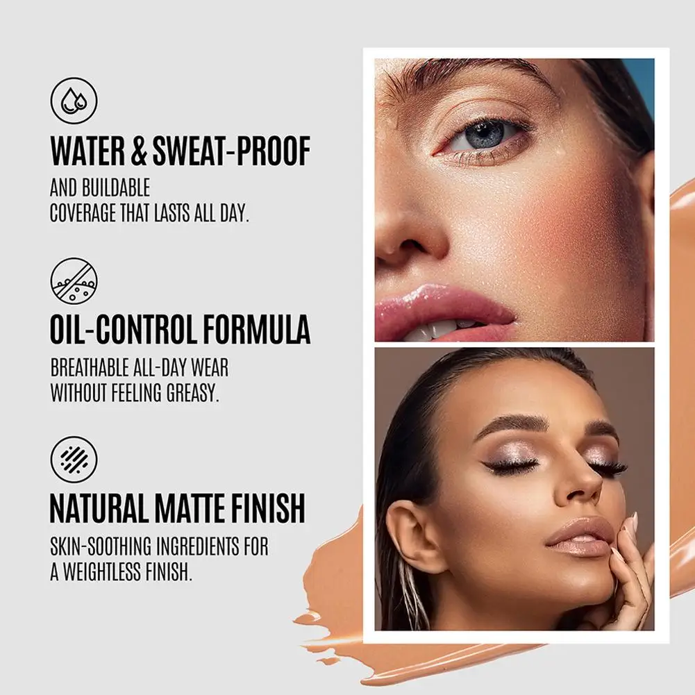 LOOKAVE Liquid Foundation Long Lasting Full Coverage Matte Cream CC Foundation Makeup Concealer Natural Liquid Base Moisturizing