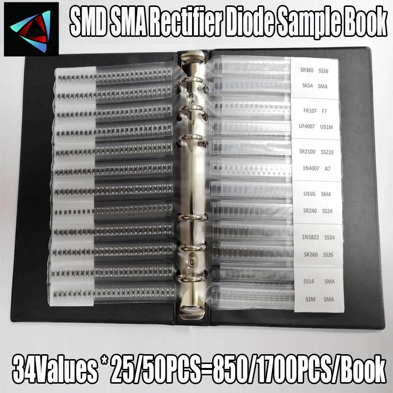 Rectifier Diode Sample Book SMD SMA Assortment Kit 34 Values Schottky Diodes M1 M4 M7 SS12 SS14 SS16 SS24 SS34 SS36 SS110 SS210