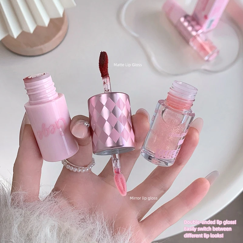 ملمع شفاه مزدوج النهاية Gege Bear مرآة ملمع كامل ومخمل غير لامع لون طويل الأمد وملمع شفاه مرطب مضاد للبقع ملمع شفاه