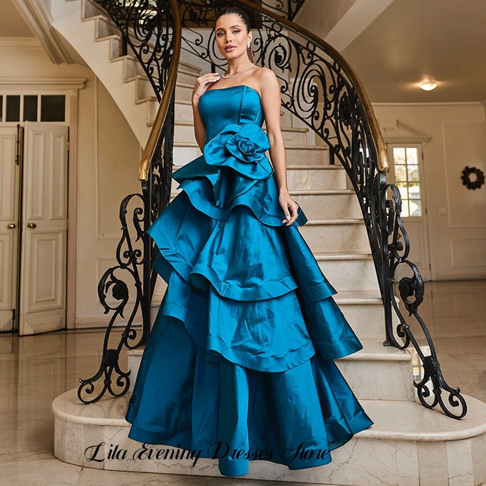 Robe de soirée élégante personnalisée en satin, sans bretelles, longueur ras du sol, coupe trapèze, sans manches, avec fleurs délicates, pour célébrités