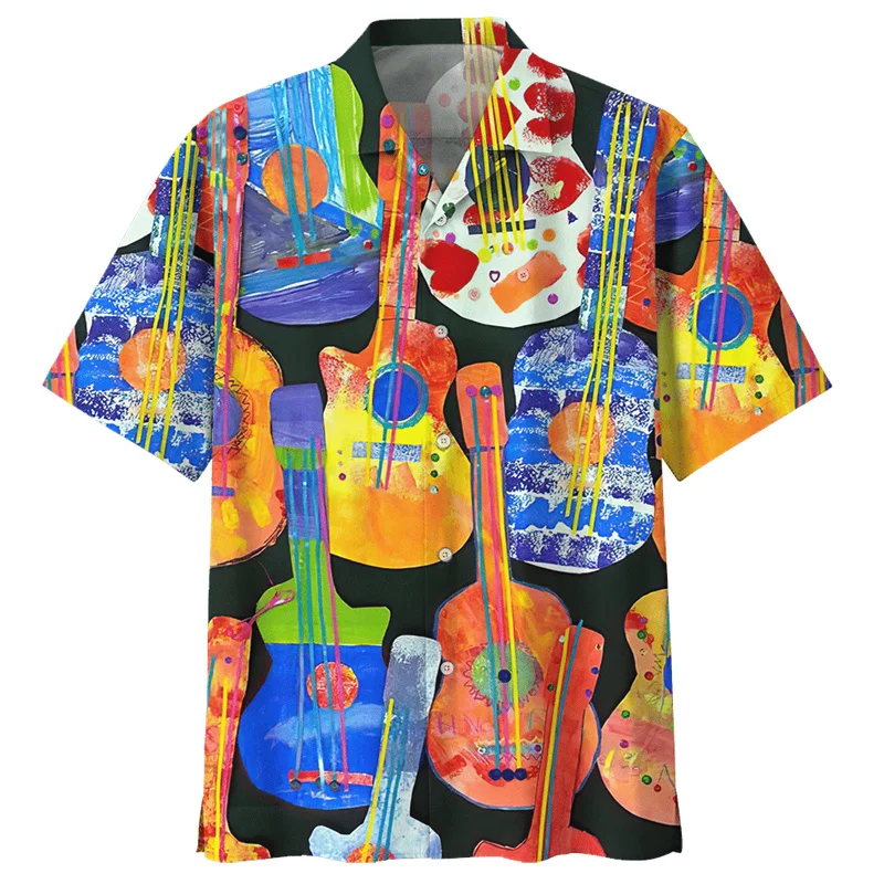 Colorful Guitar Pattern Hawaiian Shirts For Men Musical Instrument 3D Printed Blouse Summer Oversized Aloha Shirts Short Sleeves