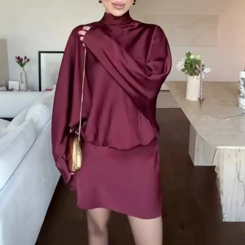 

Spring Summer New Solid Loose Commute Dress Lady Fashion High Waist Pleated Party Mini Dress Turtleneck Satin Loose Short Dress