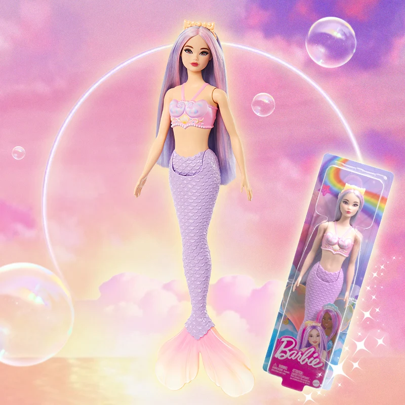 Muñeco de sirena Barbie Original, juguetes para niñas, diadema de fantasía rosa Lila, accesorio, corpiño inspirado en concha, regalo de cola de lavanda