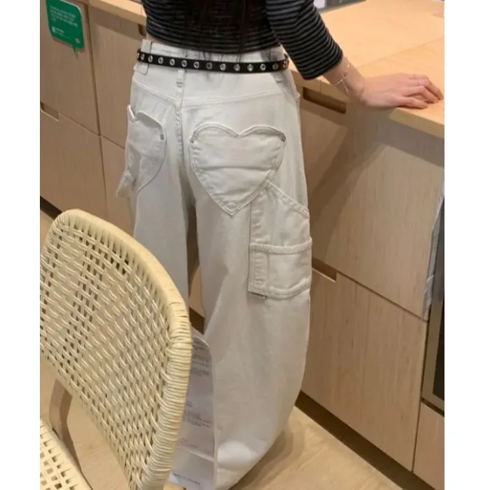 

Red Buttoned Wide Leg Loose Jeans High Waist Denim Fabric Casual Love Pocket Workwear for Ladies Spring Season Cotton 100%