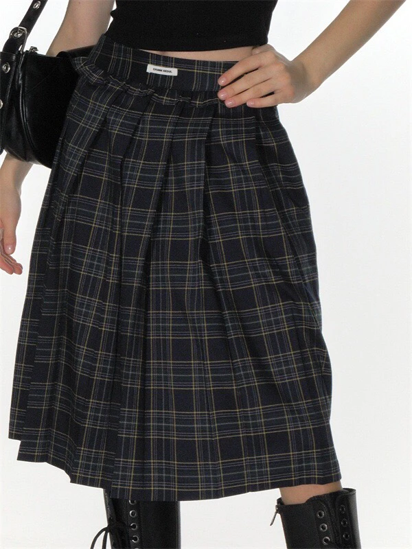 

Slimming Plaid Pleated School Sle Skirt Dongda Gate Trendy Brand Korean Waist Design Cotton Material Midi Skirt