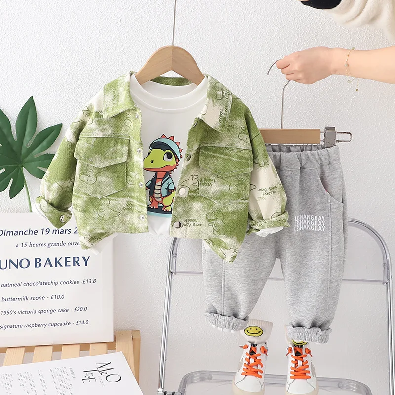 3PCS Baby Boy Set 2024 Spring Cartoon Dinosaur Cardigan Jackets + White T-shirts + Pants Children Clothes Boys Valentines Outfit