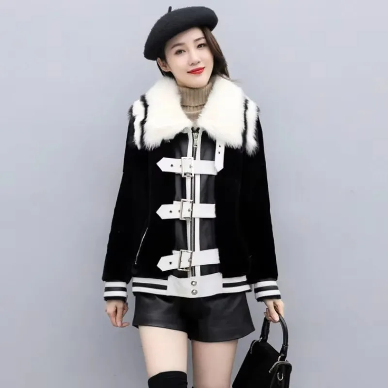 2023 Winter New Women Imitation Fur Big Fur Collar Coat Thicken Warm Short Jacket Loose Fashion Patchwork Outwear Casual Top