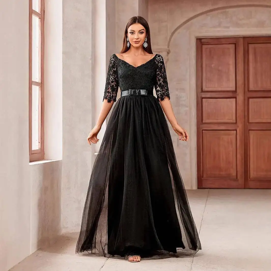 

Цветное новое однотонное тонкое элегантное длинное сетчатое вечернее платье с v-образным вырезом с открытыми плечами, кафтан 2025, летнее платье, халат, женское элегантное платье