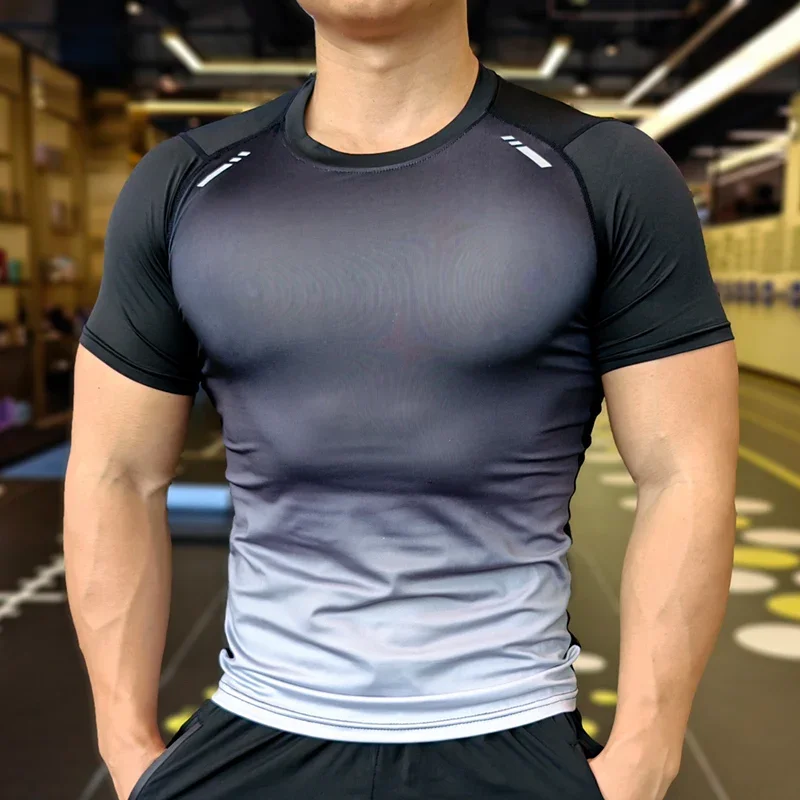 

Men Fitness Sport T-shirt Bodybuilding Training Clothing Gym Running Short Sleeve Tee Tshirts Muscle Fit Top Quick Dry Rashguard