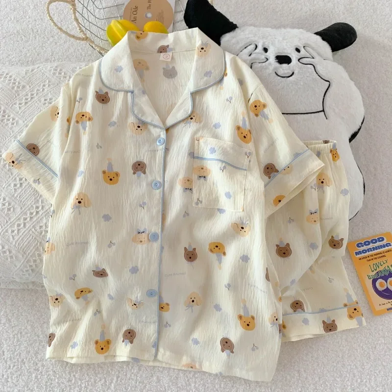 

Summer Cartoon Print Cotton Pajamas Women's ort Sve ort Pants Spwear Home Clothes Set Lightweight Comfortable Cloud...