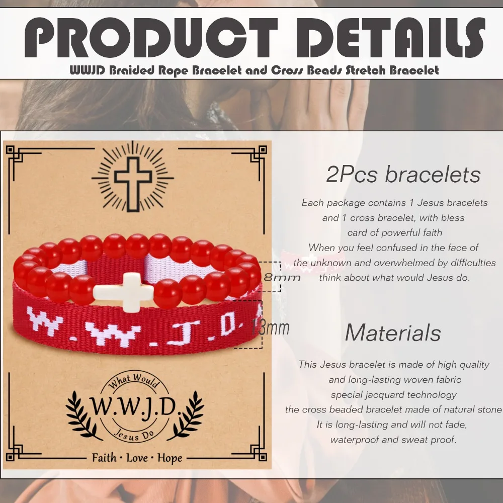 -Pulseras Wwjd inspiradoras de cuerda trenzada, juego de pulseras de cuerda trenzada, con Cruz, 2 piezas