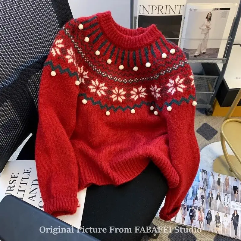 

Christmas New Year Fair Isle Jacquard Knit Sweater for Women Autumn Winter Innerwear Thickened Retro Casual Loose Versatile Tops