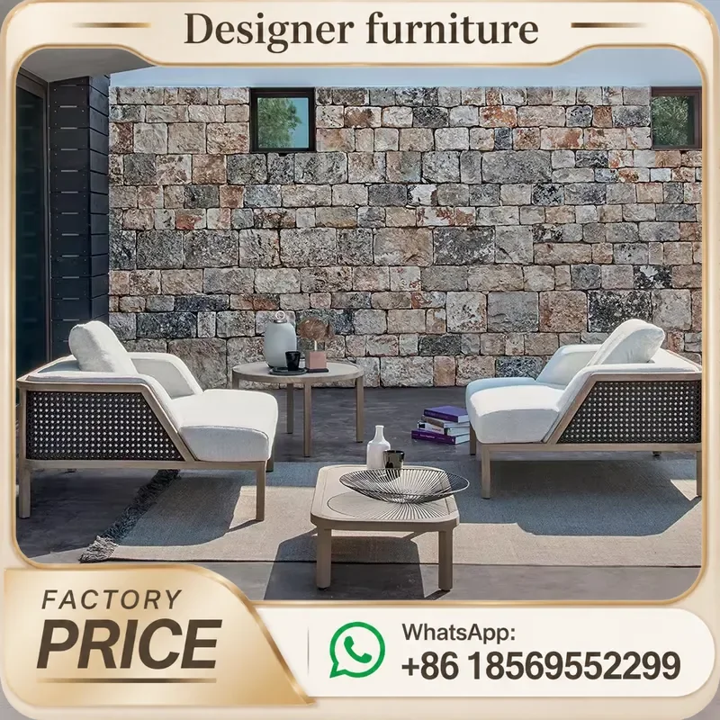 Outdoor Teak Sofa Set Waterproof Rope Weaving Wooden Furniture For Villa Patio Balcony Garden Hotel All Weather