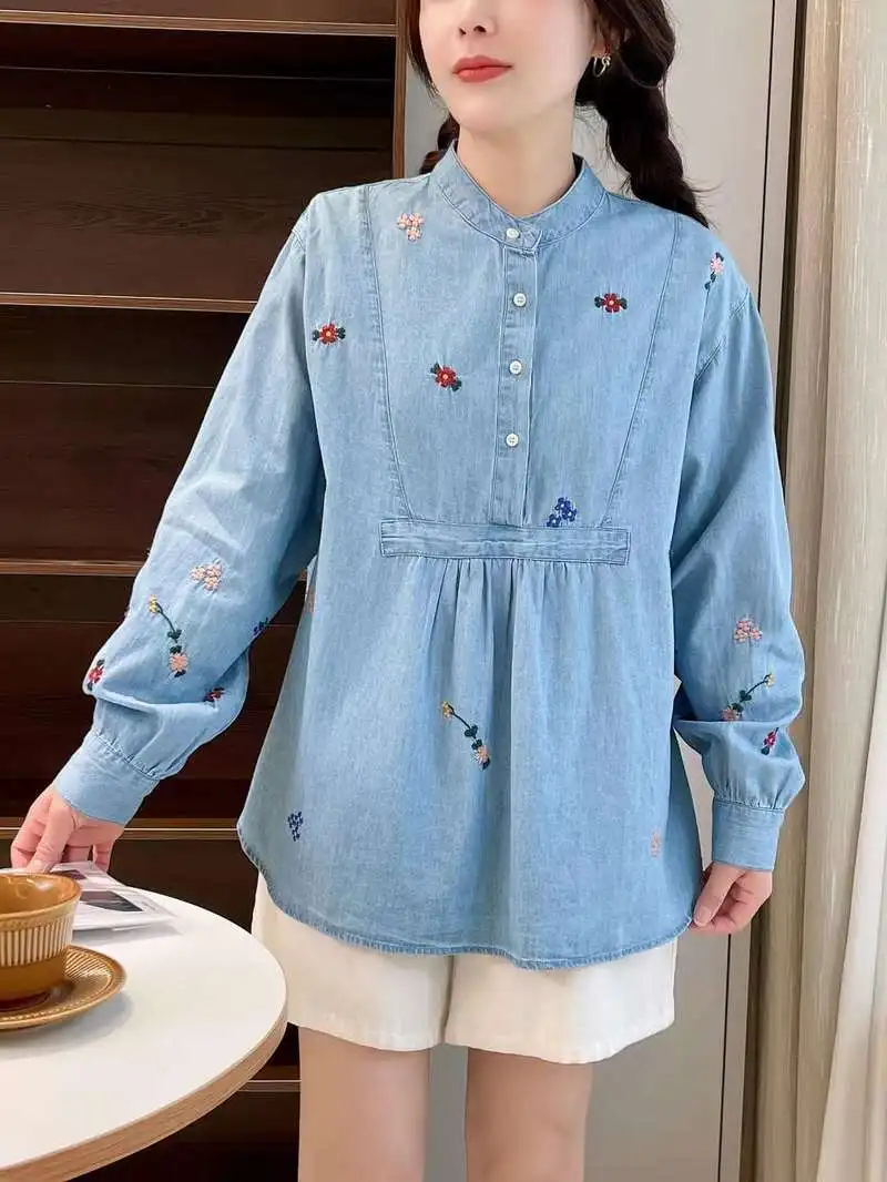 Mori kei fashion stand collar long sleeve denim shirts & blouses fall clothes 2024 women tops flowers embroider jean blouses