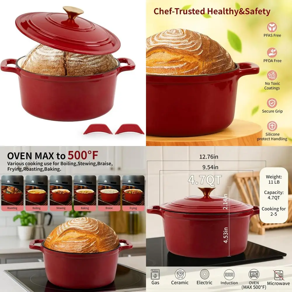 

Enamel Cast Iron Dutch Oven with Lid, Round Casserole Pot for Bread Baking, Braising, Roasting, and Stews, Heavy-Duty, Oven Safe
