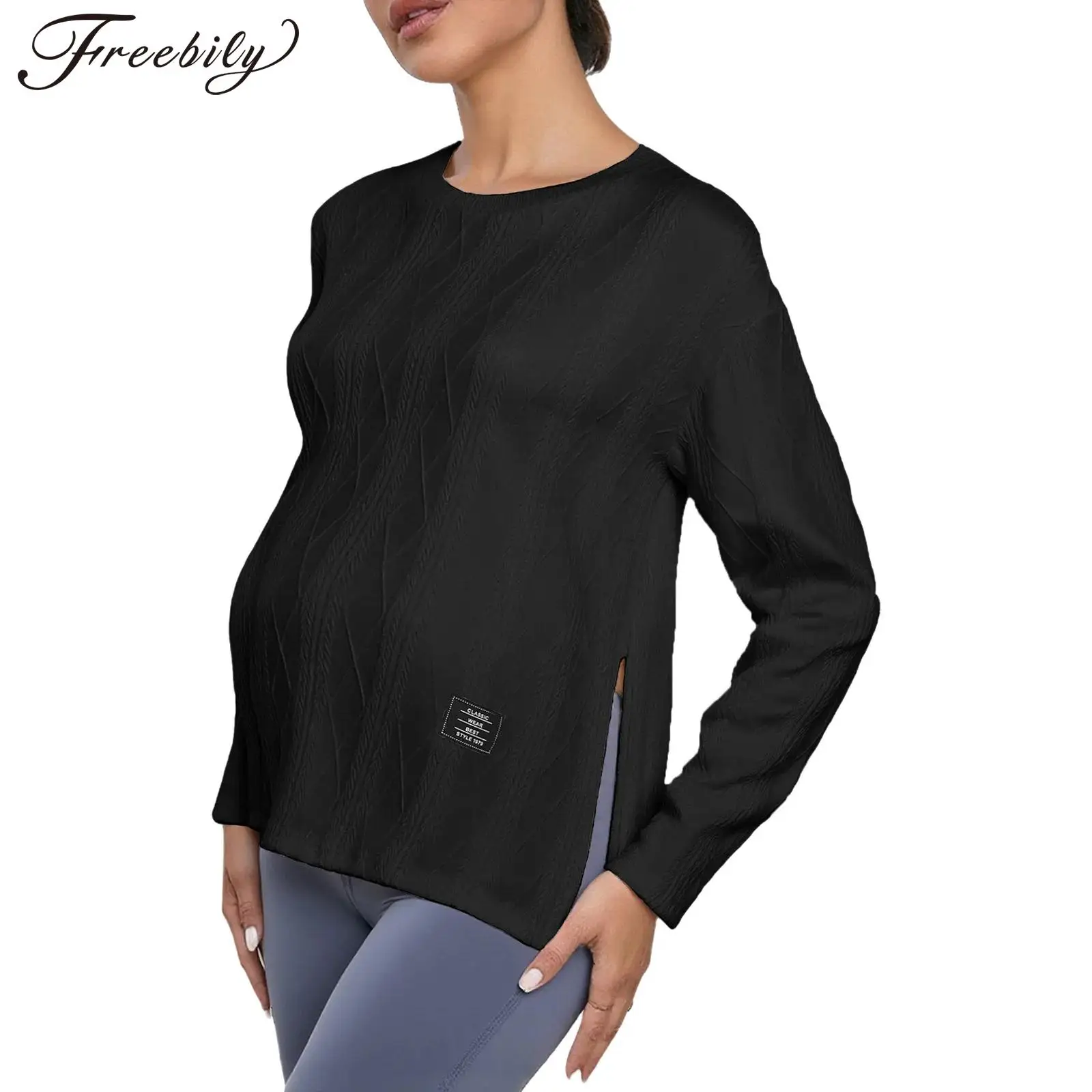 

Вязаный топ для беременных и отдыха, футболки с длинными рукавами, однотонный пуловер с разрезом по бокам, весенне-осенняя одежда для беременных женщин