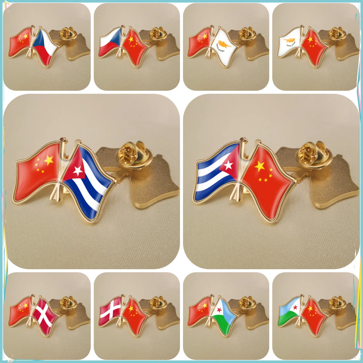 China and Cuba Cyprus Czech Republic Denmark Djibouti Crossed Double Friendship Flags Lapel Pins Brooch Badges