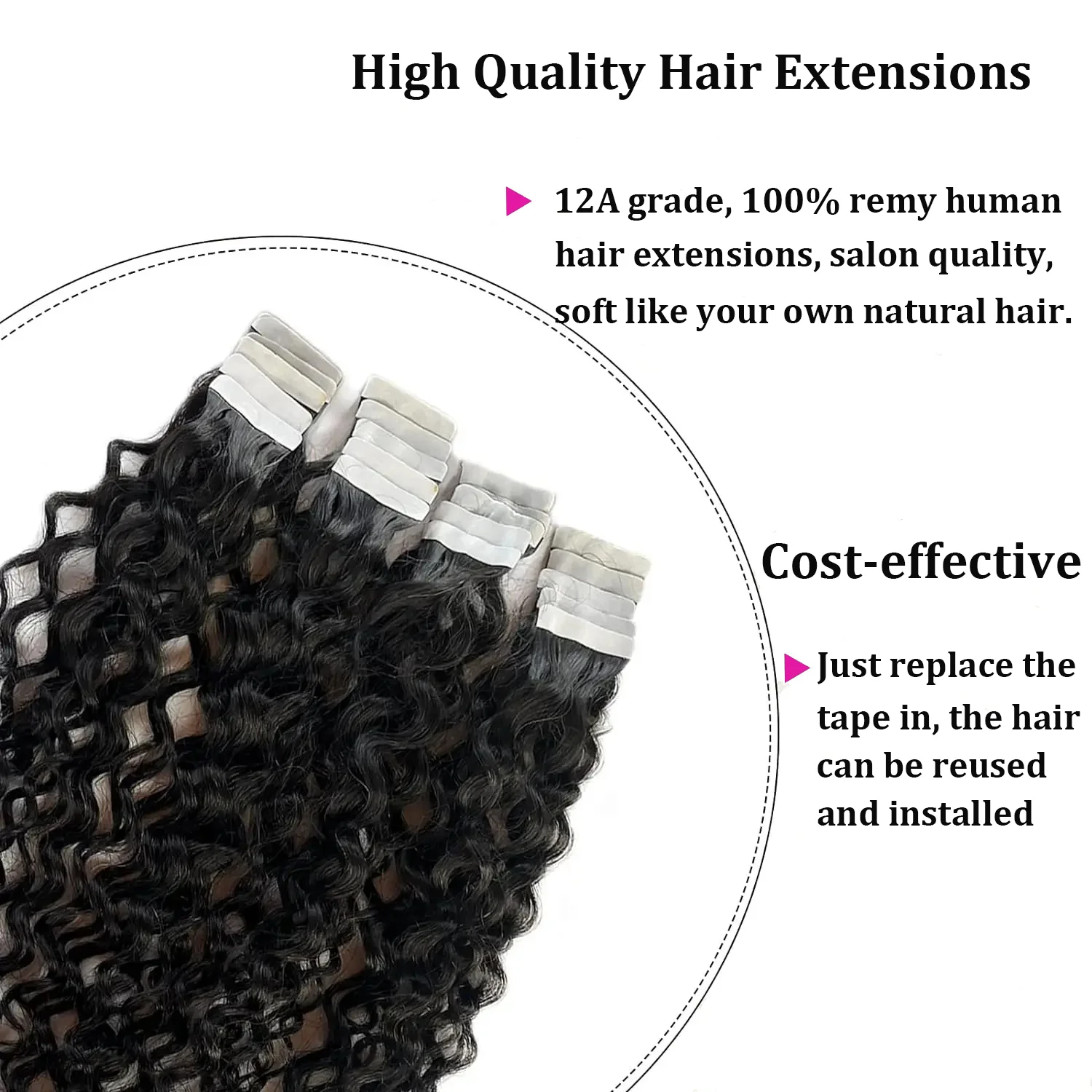 شريط مجعد عميق في وصلات الشعر شعر بشري برازيلي 100% شريط لاصق مموج مائي في وصلات شعر طبيعي أسود للنساء #3