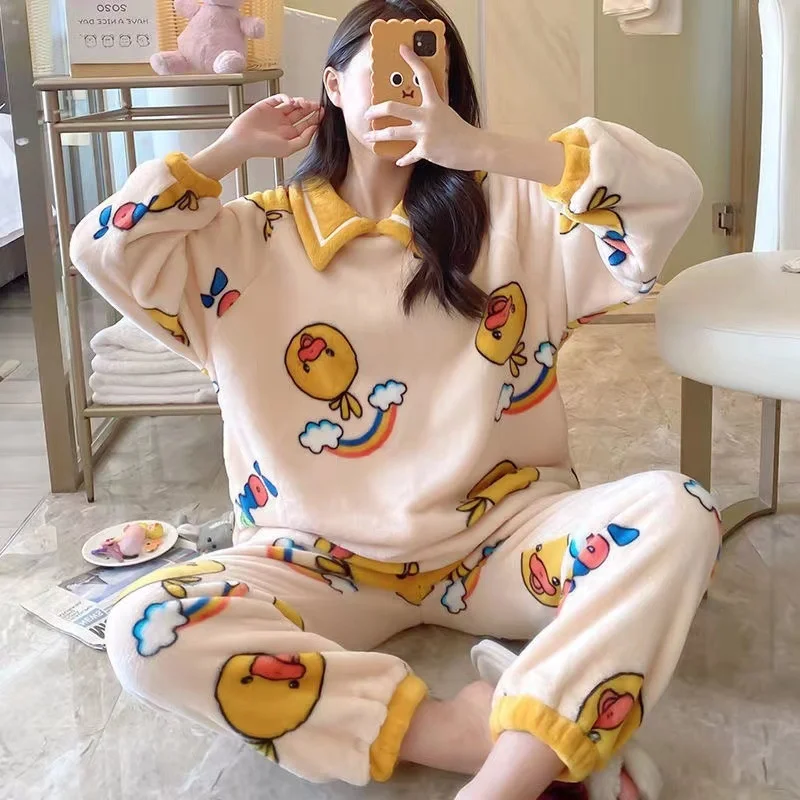 SP&CITY Winter Coral Velvet Pajamas Women\'s Cartoon Patterned Lovely Pajamas Set Thickened Warm Student Home Clothes Sleepwear