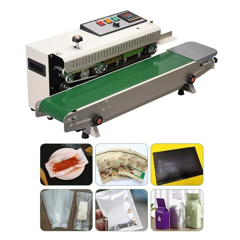 Continuous Sealer Machine with Date Coding Spray Code Printing for Industrial Plastic Bag Pouch Sealing Production Lines