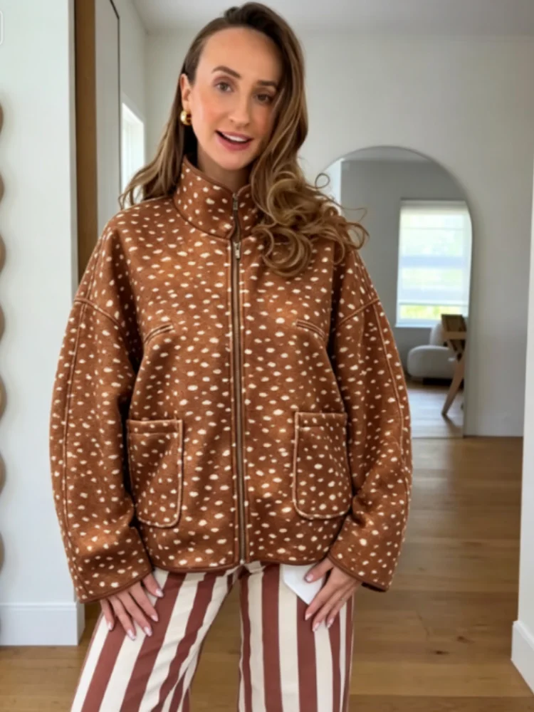 Women Deer Spot Print Zip Up Jacket Stand Collar Long Sleeve Loose Cropped Outerwear Vintage Autumn Winter Daily Street Wear