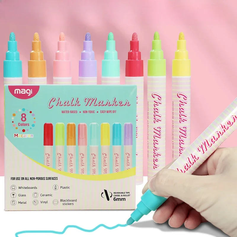 Giz líquido macaron de 8 cores, à base de água, apagável, livre de poeira, quadro negro, lâmpada de vidro, caneta, estudante, grafite, desenho, marcador