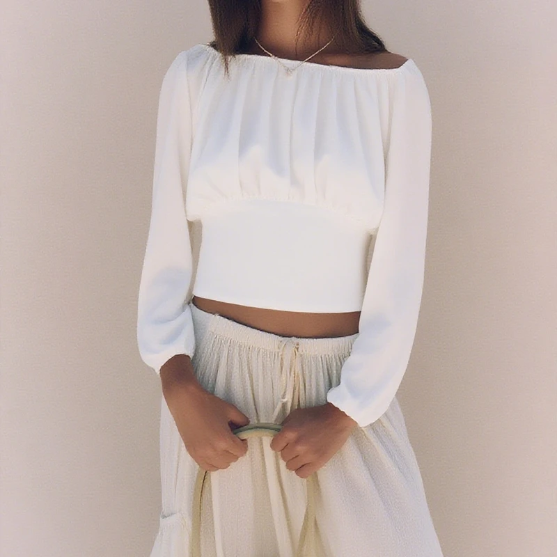 Combhasaki 女性春秋シャーリングクロップドトップス無地シックなオフショルダー長袖スリムフィットボディスブラウスストリートウェア