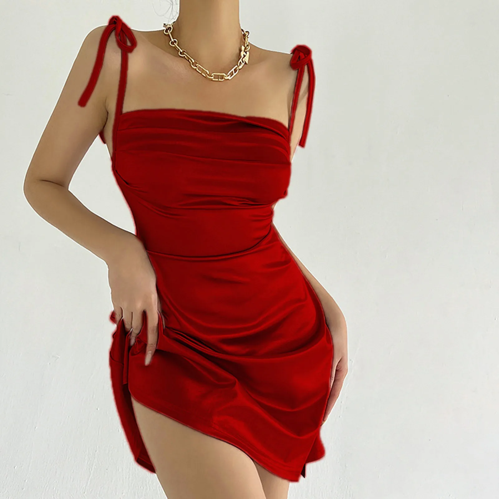 Women\'s Dresses Satin Sleeveless Spaghetti Strap Side Slit Lace Up Cowl Neck Ruched Mini Dress Cocktail Gown Prom Party Dresses