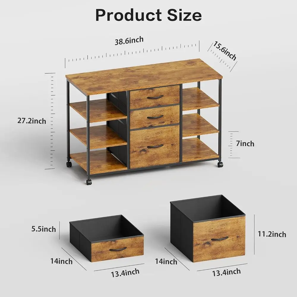 خزانة ملفات جانبية من القماش ذات 3 أدراج مع حامل طابعة دوارة، بني ريفي للمكتب المنزلي #3