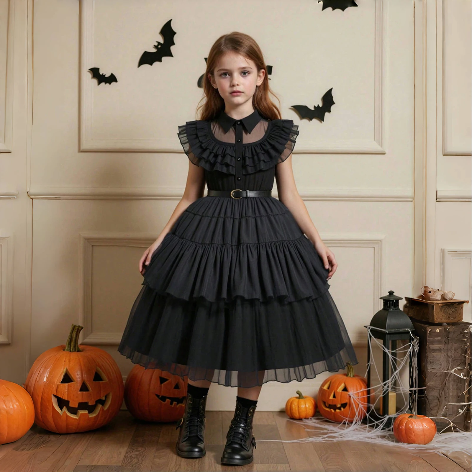 

Black Dress for Girls Halloween Costume Cosplay Party Dress Accessories Gothic Children Dress up Clothing