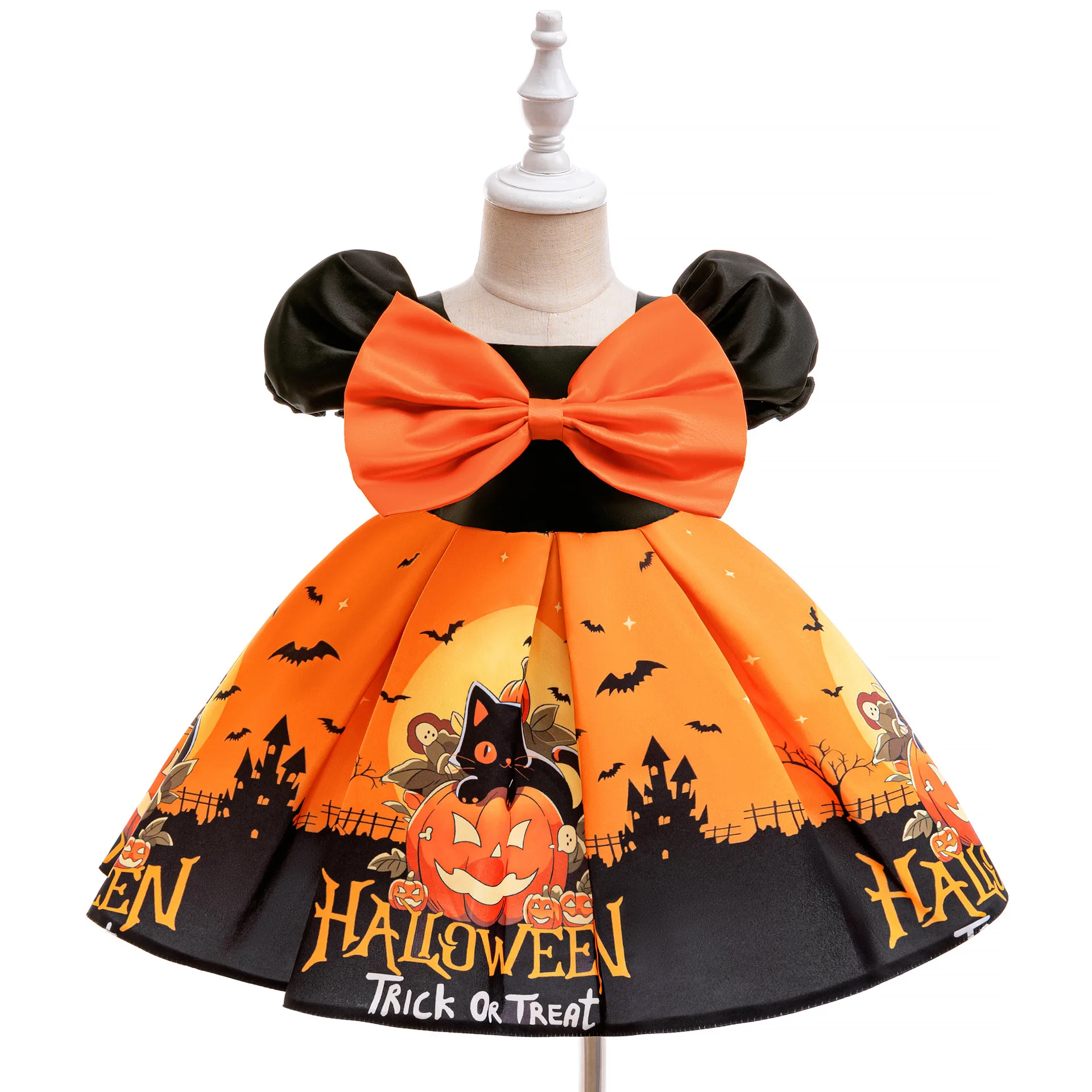 Toddler Girls Halloween Dress Cosplay Witch Pumpkin Skeleton Print Bow Dress For 0-3Y Girls Festival Party Performance Costume