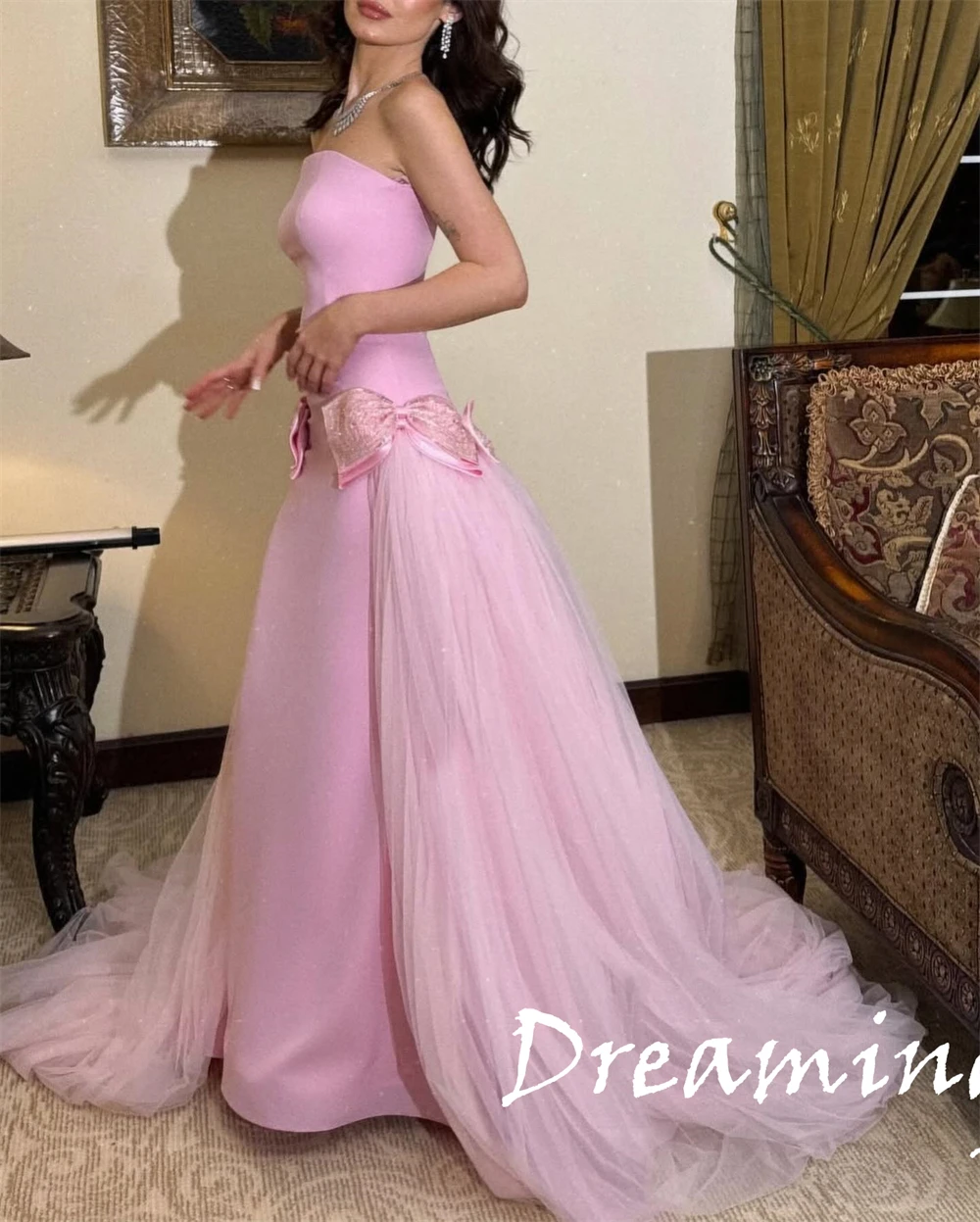 Robe de soirée en Jersey rose moderne, personnalisée, sans bretelles, sans manches, à la mode, tempérament, longueur au sol, célébrité