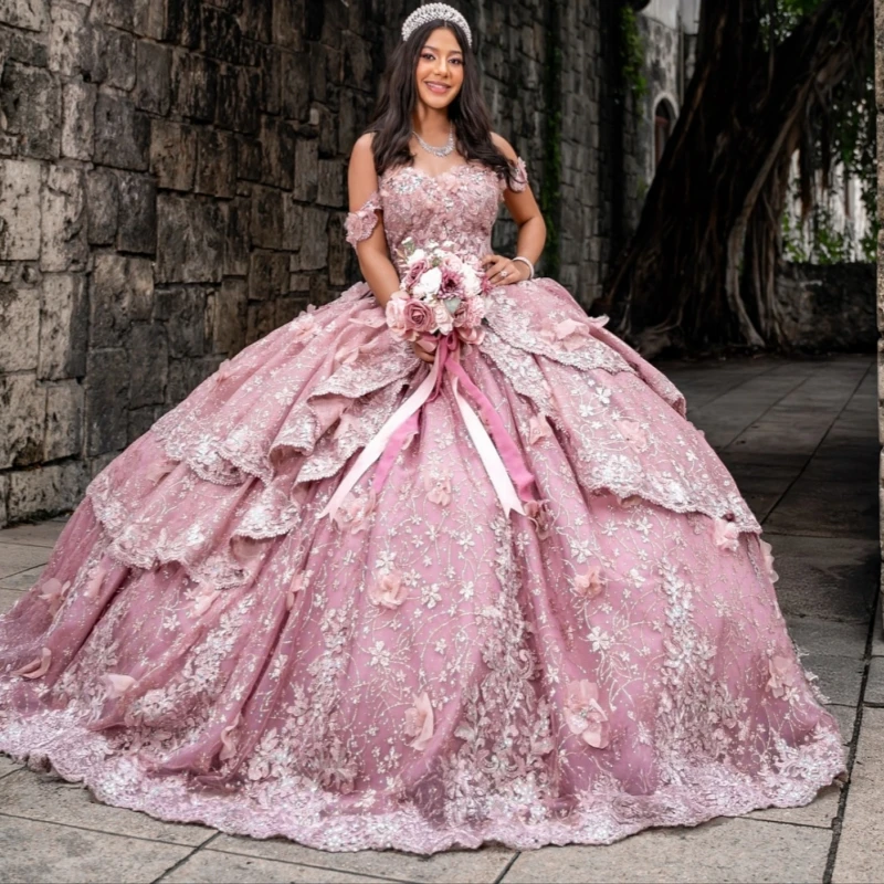

Pink Shiny Quinceanera Dresses Off The Shoulder Sequin Applique Flower Beading Crystal Bow Party Birthday Sweet 16 Dress Vestido