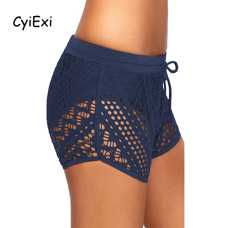 CyiExi Plus Size Sexy Hollow Out Lace Swim Short Woman Bottom Bathing Shorts Bikini Bottoms Swimwear Beach Short Swimsuit S-3XL