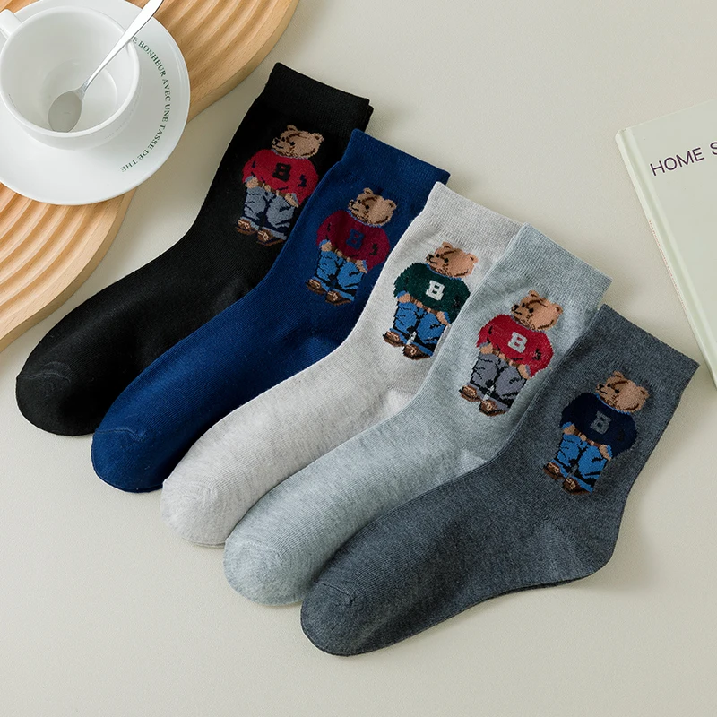 5 Pair Cartoon Gentleman Bear Men\'s Socks Comfortable Harajuku Skateboard Socks Novelty Breathable Sox Christmas Gift