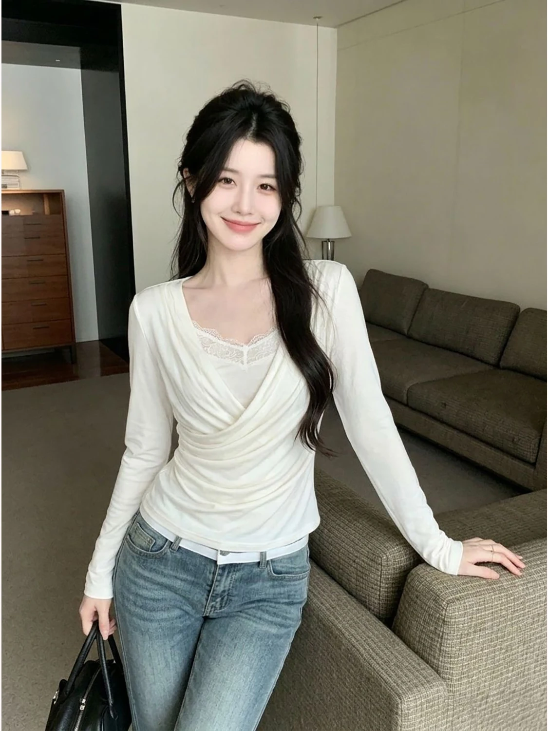 White Long Sleeve T-Shirt Women's Early Autumn Splice Lace Waist Cinching Short Top Korean Style Commute Fashion Universal Size
