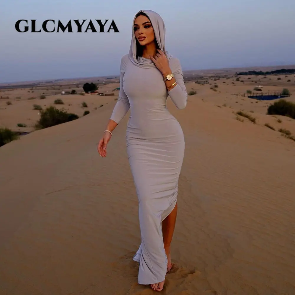 GLCMYAYA Streetwear Women Hooded Posterior Side Slit Pullover Bodycon Dress 2023 Sexy Long Sleeve Solid Midi Maxi Long Dresses