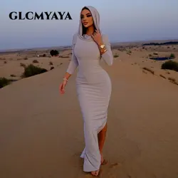 GLCMYAYA Streetwear Women Hooded Posterior Side Slit Pullover Bodycon Dress 2023 Sexy Long Sleeve Solid Midi Maxi Long Dresses