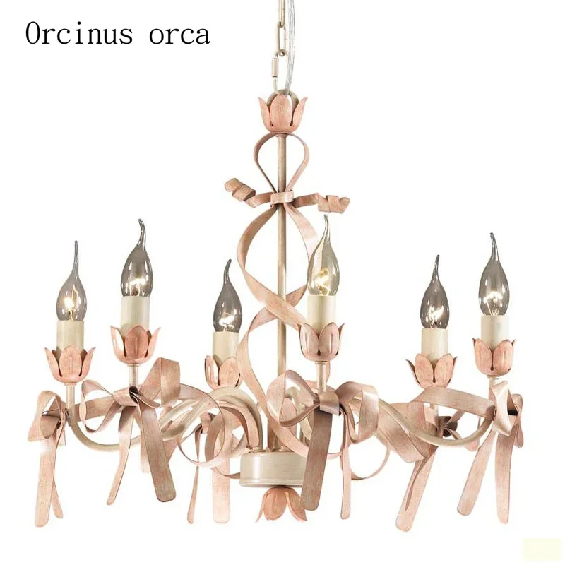 American  pink ribbon iron chandelier  French Princess bedroom creative Bow chandelier free shipping