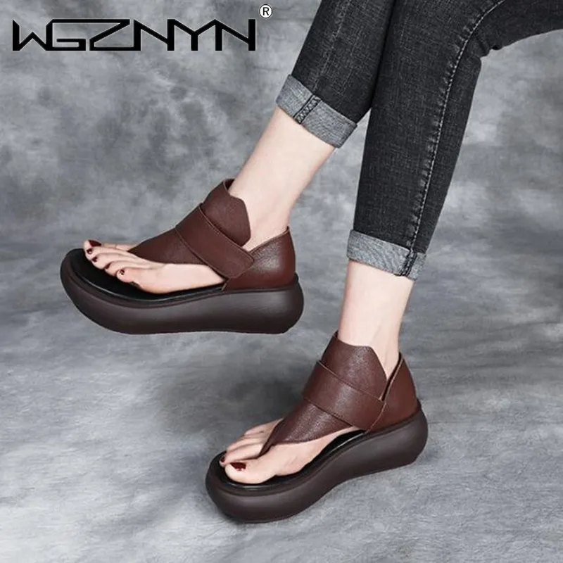 NEW Designer Women Sandals Round Toe Leather Platform Wedges 2024 Summer High Heel Shoes Full Genuine Leather Black Casual Shoe