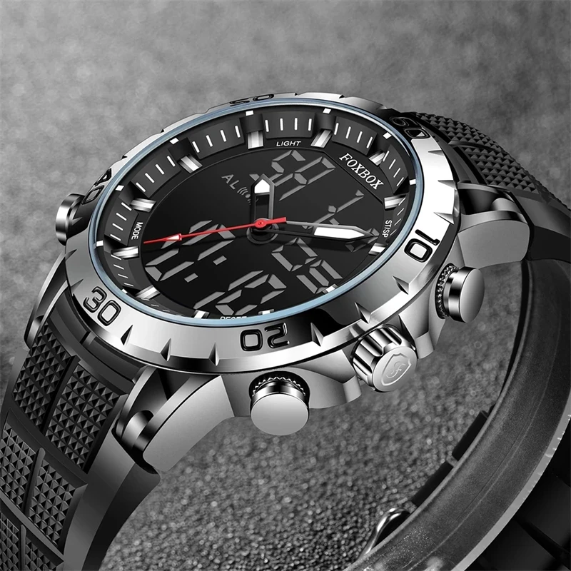 FOXBOX Mens Watches Top Brand Luxury Sports Dual Display Quartz Watch Man Military Waterproof Clock Digital Electronic Watch+Box