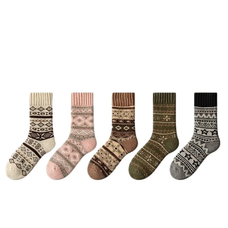 5 paires de chaussettes en laine épaisses, chaudes et résistantes au froid, Style ethnique rétro, décontractées et confortables, chaussettes mi-tube pour femmes, hiver