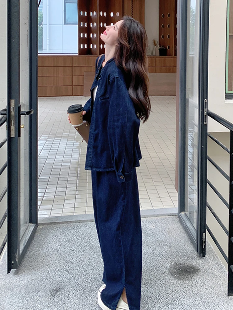 LANMREM Women Streetwear Denim Two-piece Set Stand Collar Long Sleeves Loose With Split Wide Leg Pants 2024 Autumn New 2Z2649