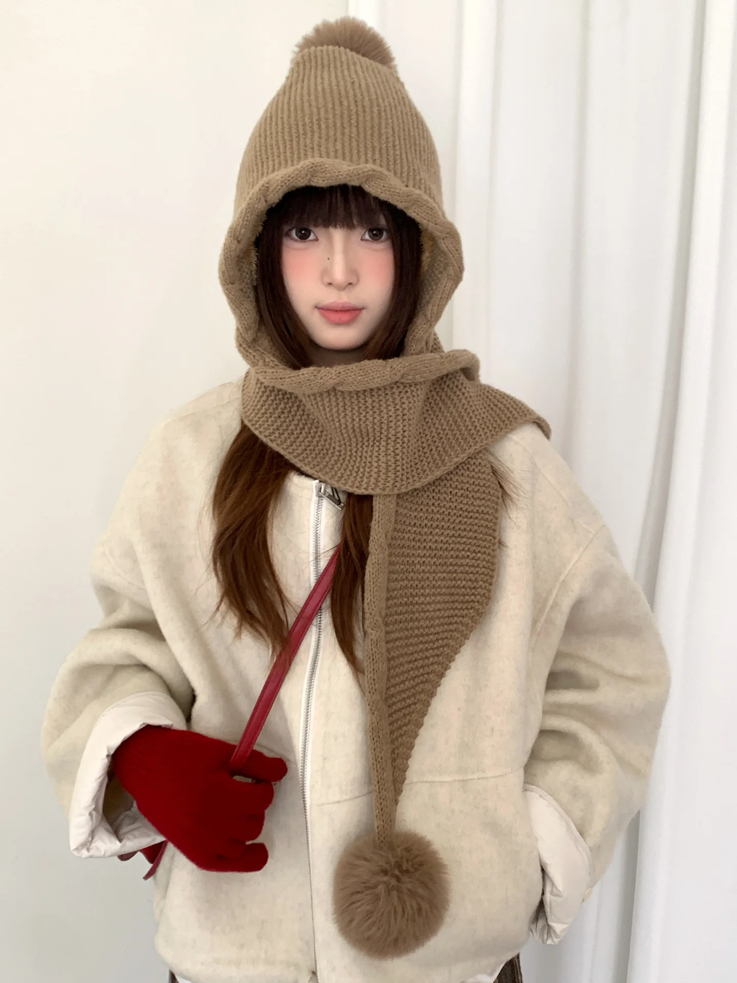 Korean Version Of Cute Knitted Hat And Scarf In One Women's Winter Ear Protection Warm Balaclava
