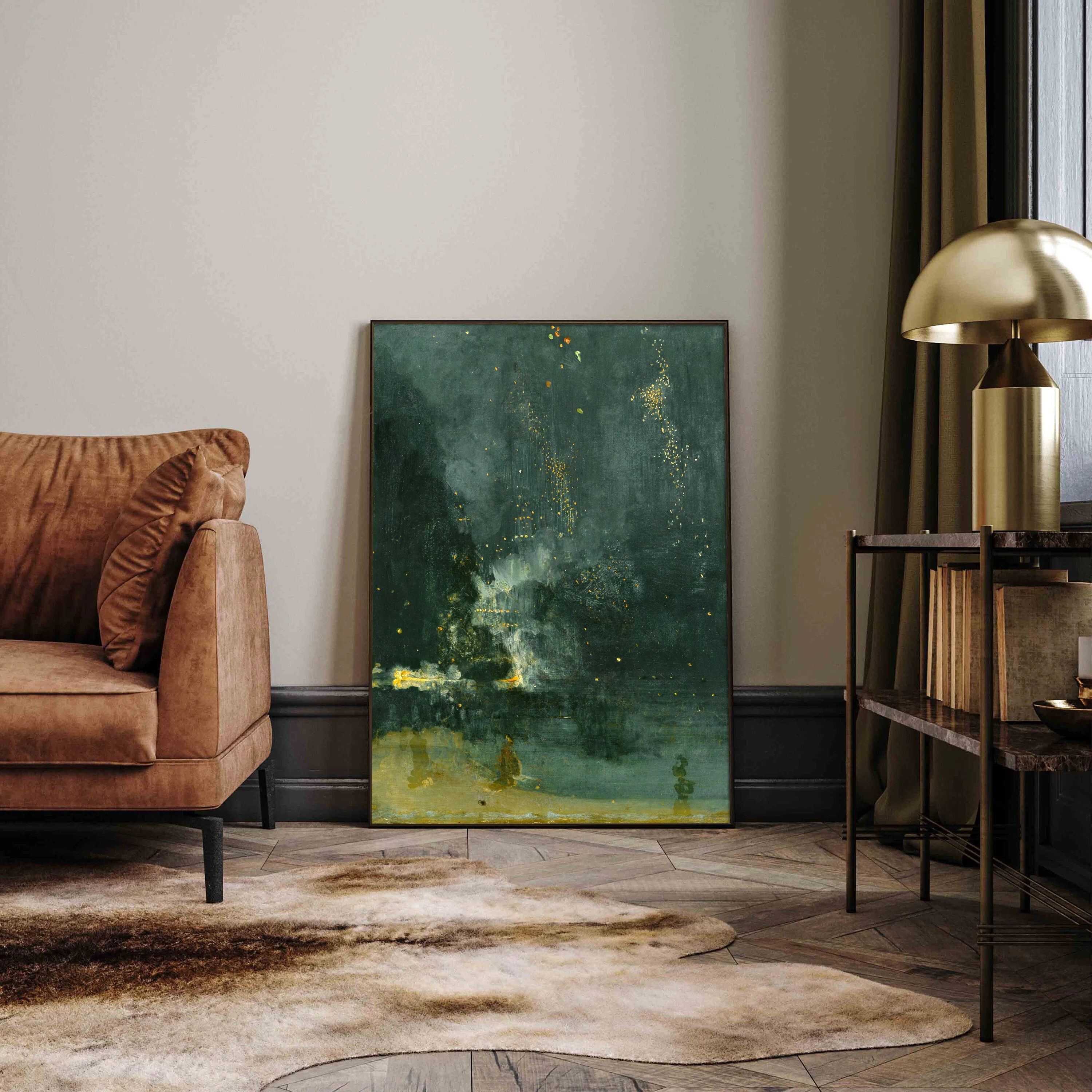 Black Gold Nocturne, Autumn Rocket, James McNeil Whistler's work, abstract painting print poster, dark green modern home décor.