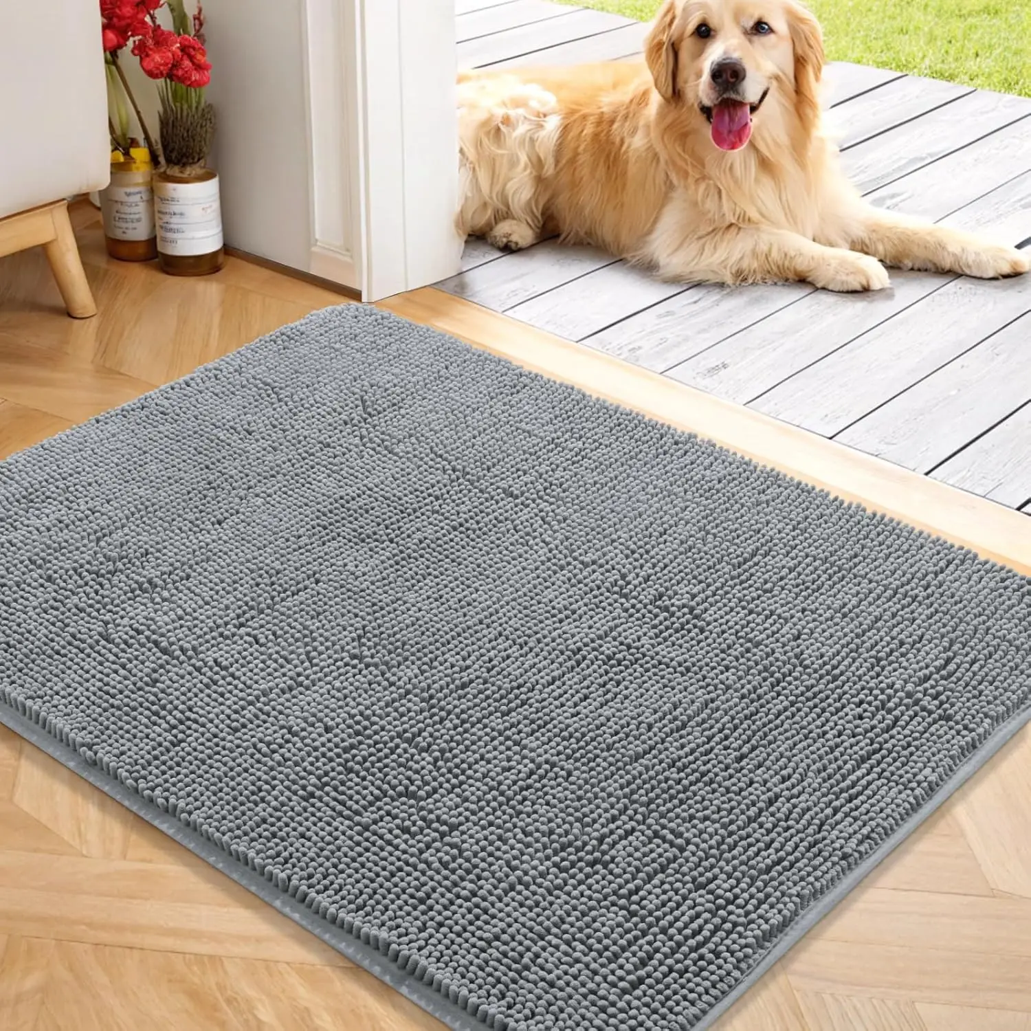 

Soft Chenille Dog Door Mat, Absorbs Moisture and Dirt, Non-Slip Washable Indoor Entryway Carpet, Grey