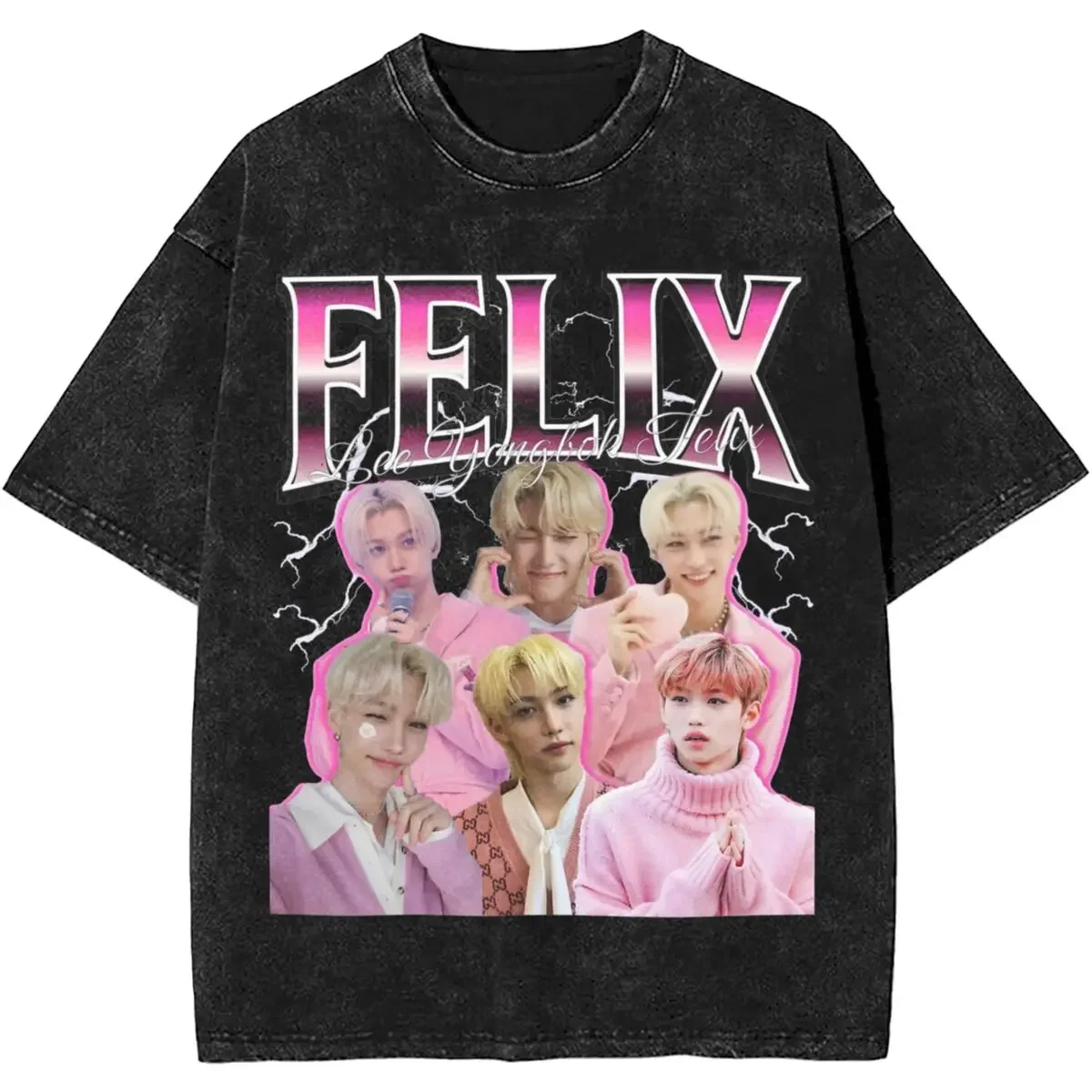 Felix Yongbok Bootleg 90s Washed T Shirts Streetwear Hip Hop Fashion T-Shirt Kpop SKZ Tees Tops Men Women Short Sleeve Harajuku